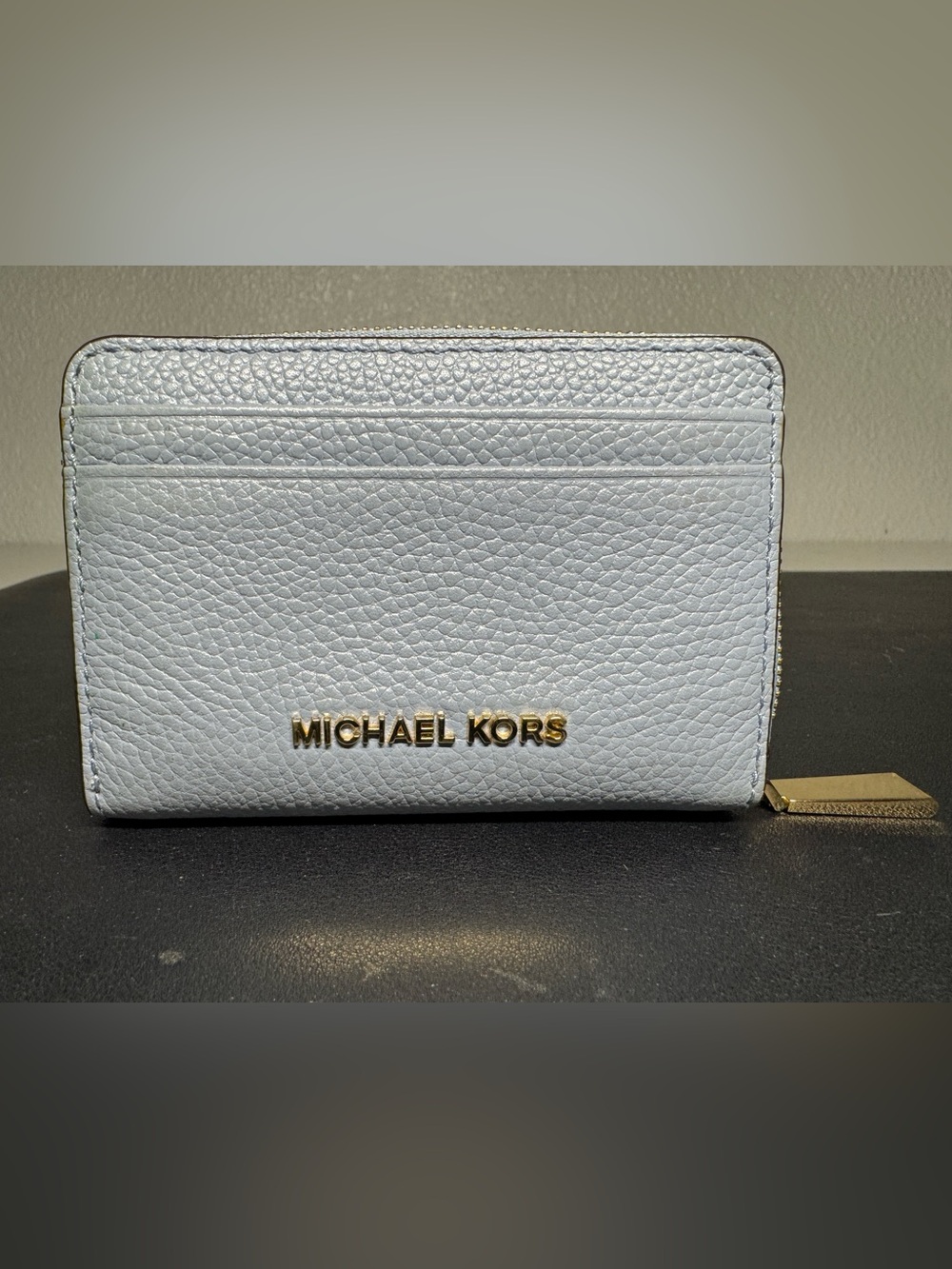 Michael Kors Light Blue Pebbled Leather Zip-Around Wallet with Gold Logo